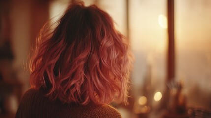 Obraz premium Woman with Pink Wavy Hair Back View Sunset Glow Soft Focus