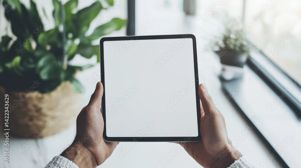 Poster hand man holding tablet with mockup blank screen isolated on white background with clipping path