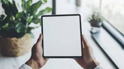 Hand man holding tablet with mockup blank screen isolated on white background with clipping path