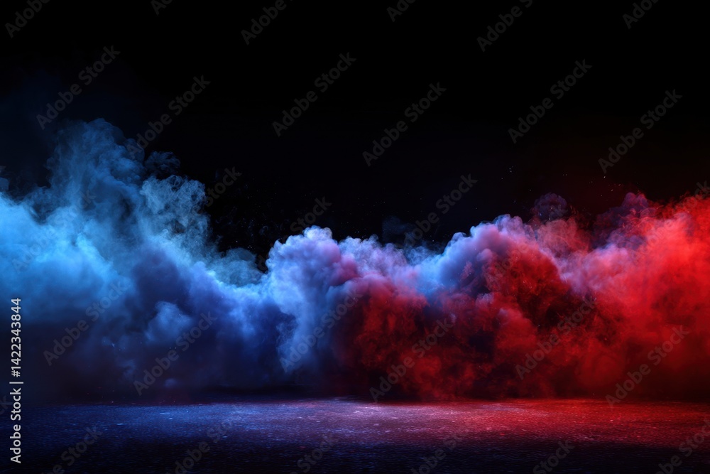 Poster dramatic stage with vibrant blue and red smoke effect creating an atmospheric and dynamic scene for 