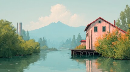Fototapeta premium Serene Lakeside House Calm River Mountains Industrial Background