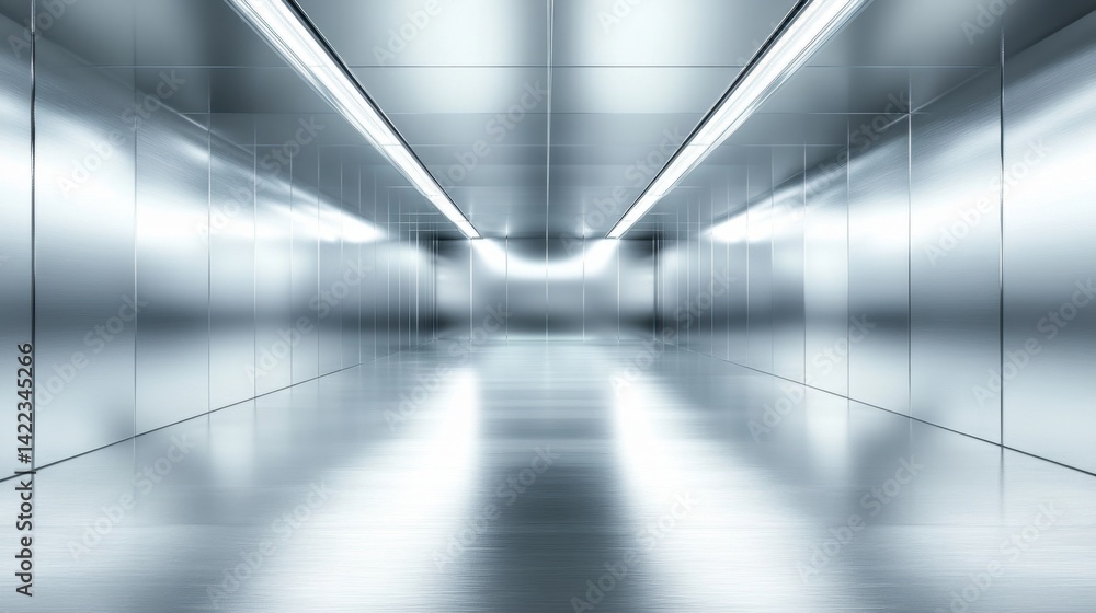 Poster metallic futuristic corridor with reflective surfaces and fluorescent lighting in a modern style arc
