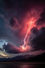 Fototapeta premium Dramatic Lightning Strike Illuminating Stormy Sky Over Mountainous Landscape at Dusk Capturing Nature's Power and Beauty