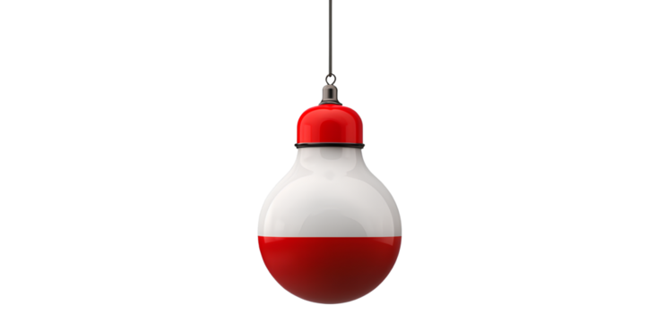 3D render of a red and white fishing bobber hanging from the ceiling, isolated on a transparent background. PNG file