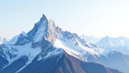 Snow-covered mountain peak against clear white sky, summit, snowy mountain, rock