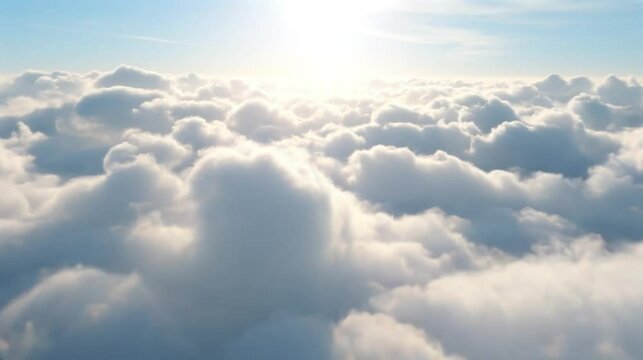 Aerial journey soaring through majestic white clouds in blue sky