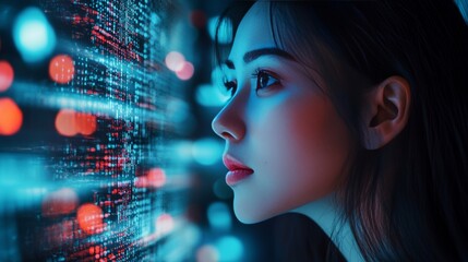 Woman Analyzing Digital Data with Neon Light Reflections