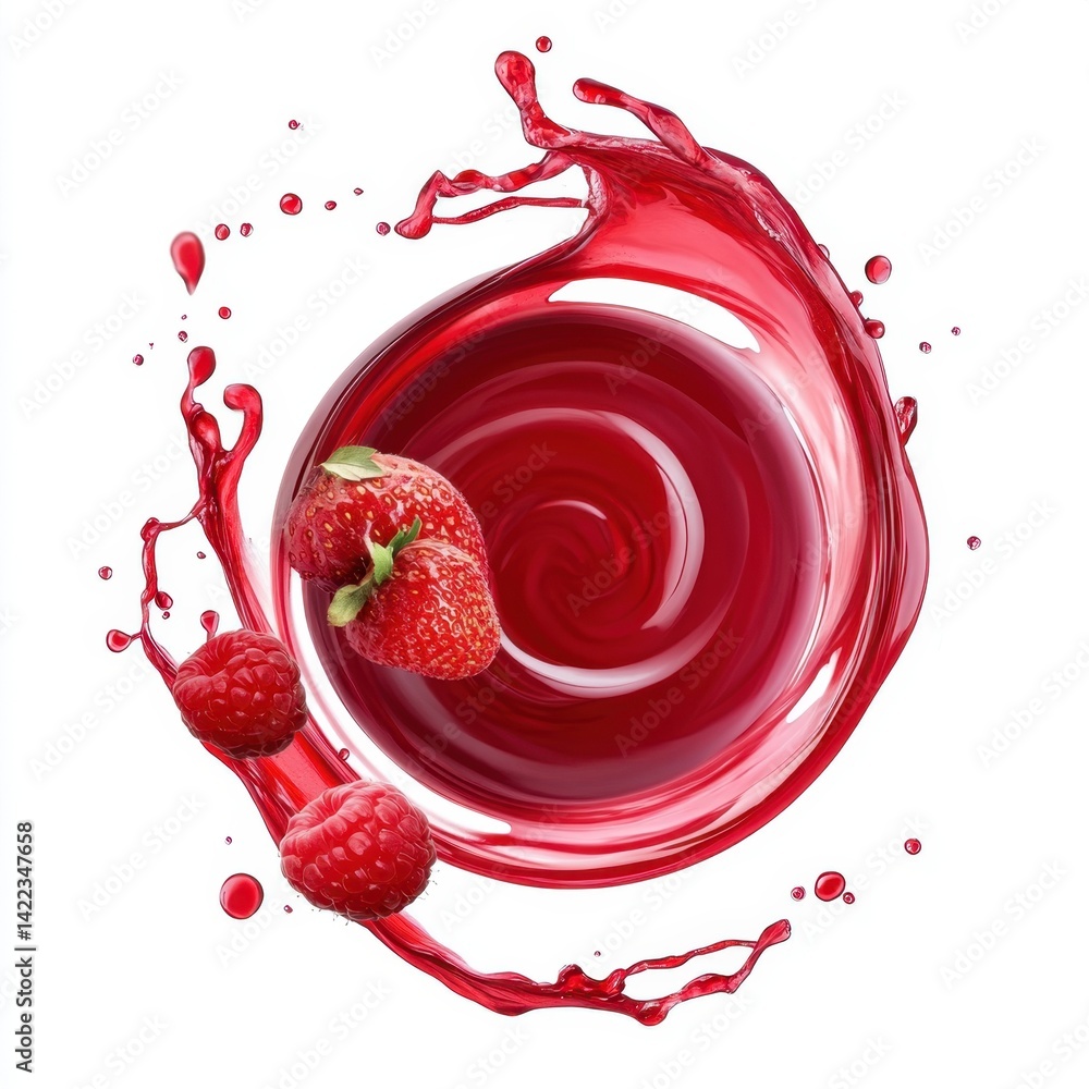 Poster delicious red fruit juice splash with strawberries and raspberries on a white background creating a 
