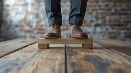 Man standing on wooden block wearing brown leather shoes fashion style and gray pants business concept 100