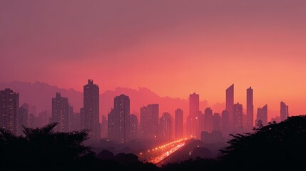 Pink Sunset Cityscape  Urban Skyline at Dusk