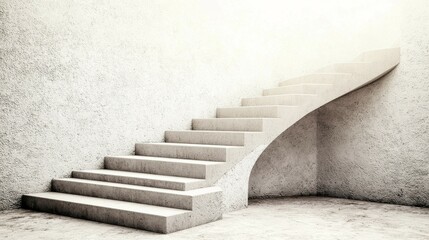 Elegant monochrome architectural photograph of a curved concrete staircase with textured walls and floor, soft diffused lighting highlighting granular surfaces, minimalist design