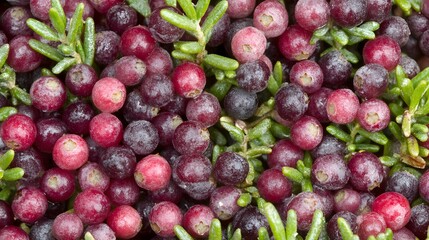 Close-up of Red and Purple Berries with Green Stems