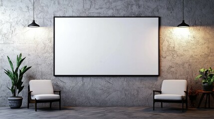 Modern minimalist interior with large white rectangular wall frame, symmetrical chairs, textured grey plaster wall, warm pendant lighting illuminating cozy workspace, natural decor