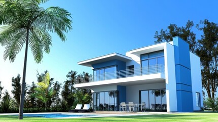 Obraz premium Stunning modern two-story house with sleek glass windows, blue and white color palette, lush tropical landscaping, picturesque pool in foreground, bright daylight, contemporary