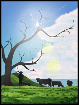 The view of mountain with the sunlight and the shilluette of abondone tree, cows, sheeps and the herder
