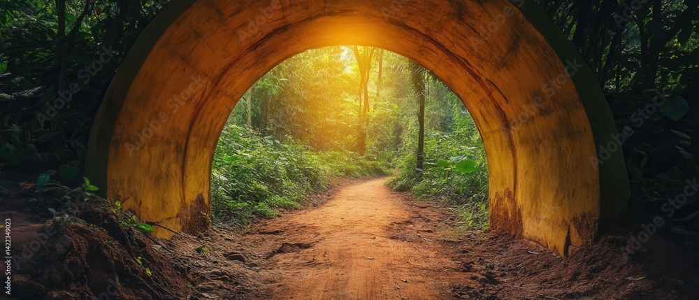 Poster enchanting forest path through stone archway with sunlight filtering through lush green trees serene