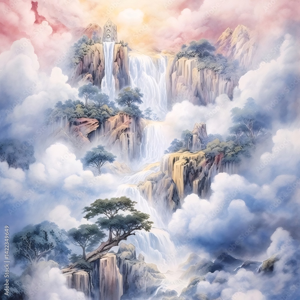 Poster 水彩画の山々と滝 雲海と空の美しい風景 アジアの伝統芸術作品