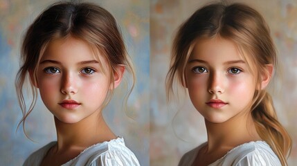 Head shot of a young girl with serious expression and then smiling