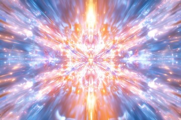 Obraz premium Abstract radiant energy explosion with vibrant blue and orange hues creating a mesmerizing symmetrical pattern and ethereal glow perfect for backgrounds