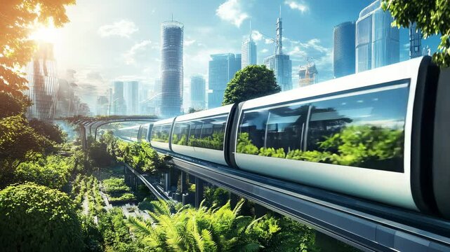 Futuristic train rides through green sustainable city of the future