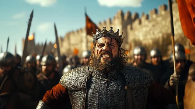 Fierce king with sword screams among soldiers after battle scene