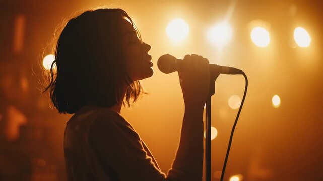 Woman singing with microphone under bright concert lights on stage