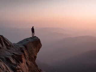 Fototapeta premium Silhouetted figure standing on a rocky summit with a panoramic mountain view