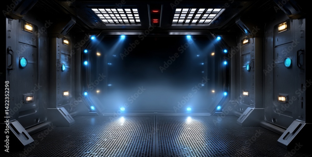 Poster a tunnel and corridor are depicted in an abstract manner, filled with rays of light and newly introd