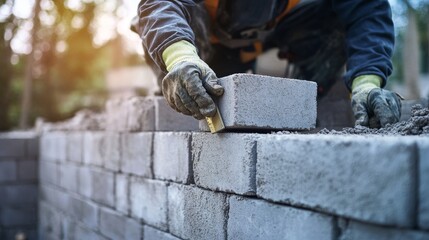 Closeup of Bricklayer Laying Cement Blocks for Construction Work