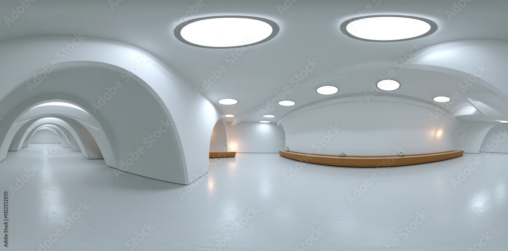 Poster a white room with an empty space and square lamps embedded in the ceiling in hdri map format