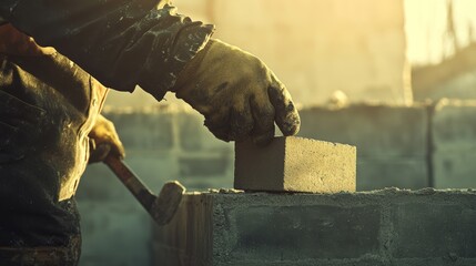 Close-Up View of Mason Working on Brick Construction at Sunset