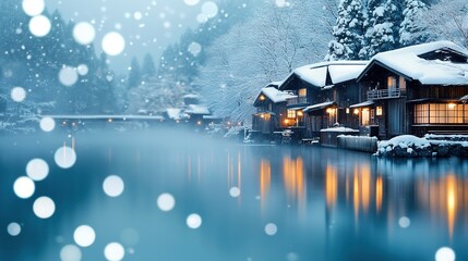 Fototapeta premium Houses in snow by water with lots of ground snow