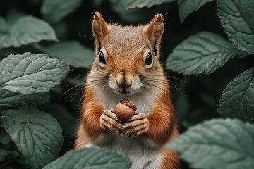 Squirrel holding acorn, surrounded by leaves