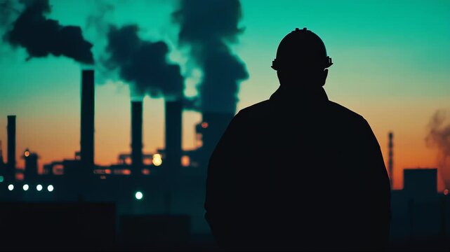 Industrial Worker Silhouette Against Vibrant Sunset at Factory