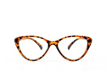 Close up front view of a pair of women's glasses with a cat eye shape frame and a leopard print...
