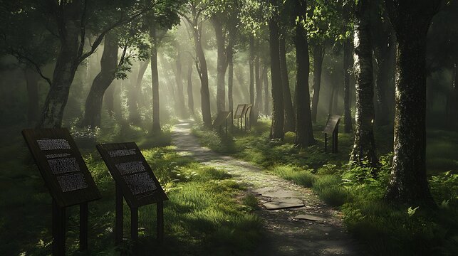 Guided forest walking trail offering informative signs and markers, enriching the outdoor experience with educational insights about the environment.