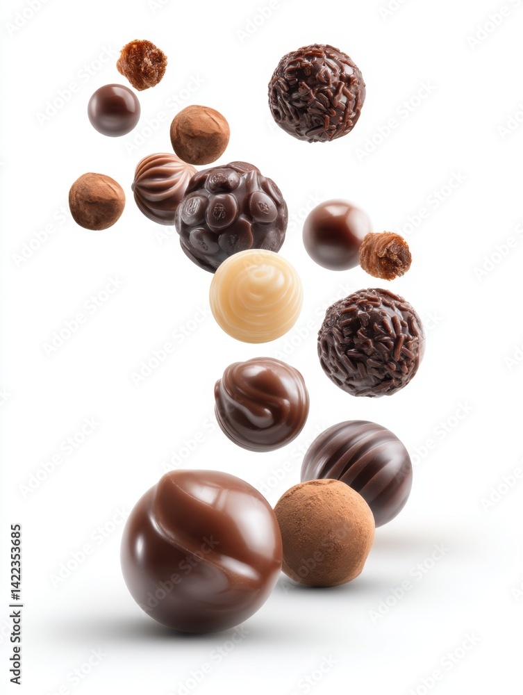 Poster assorted chocolate truffles falling in a dynamic arrangement against a clean white background creati