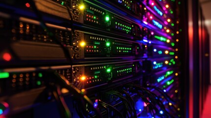 Fototapeta premium Server racks filled with illuminating lights and network equipment