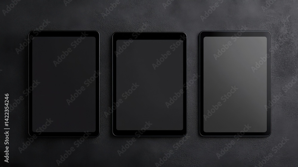 Poster blank screen realistic tablet frame, rotated position, side view, top view. the tablet is at differe