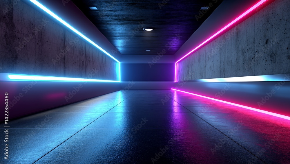 Poster the image features a geometric shape bathed in neon light, positioned in front of a dark tunnel and 