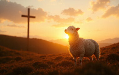 Concept of resurrection of Jesus Christ lamb of God in front with cross in background and sunset	
