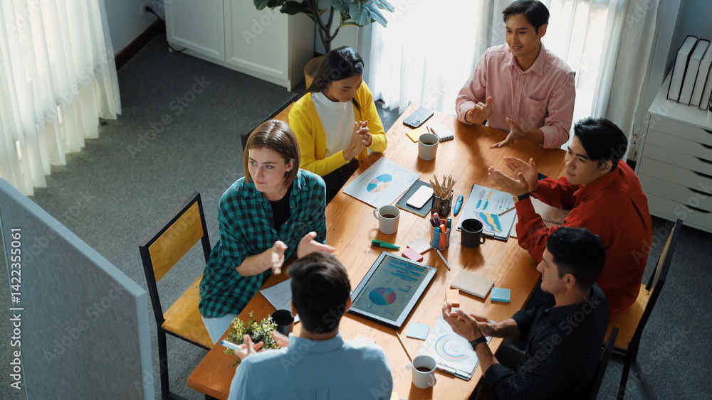 Aufkleber top view of attractive diverse team clapping hands while project manager present creative idea at me