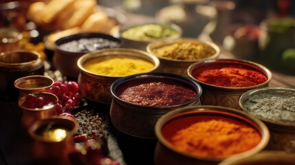 A close-up shot of an array of vibrant spices in ornate bowls, creating a warm and inviting atmosphere.