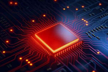Futuristic CPU microchip with glowing red core on circuit board. Digital power and processing speed concept.  
