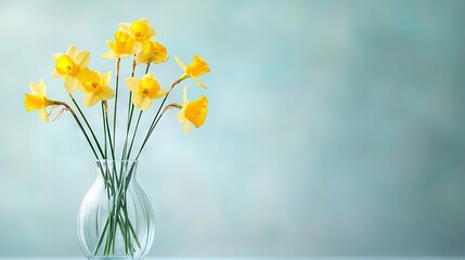   A vase brimming with bright daffodils rests atop a table, adjacent to a light blue wall