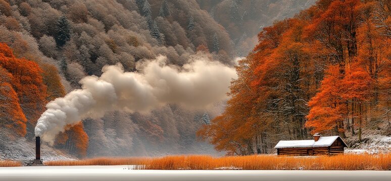 Snowy autumn lake, smoke from chimney, cabin