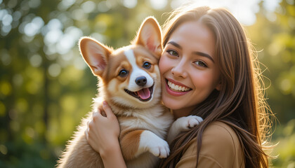 Joyful Woman Hugging Cute Corgi Puppy in Nature