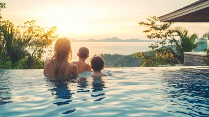Mother and Children Enjoy Scenic Sunset in Infinity Pool Retreat