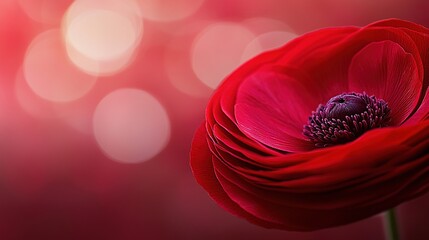   A sharp focus on a red flower amidst hazy background lights