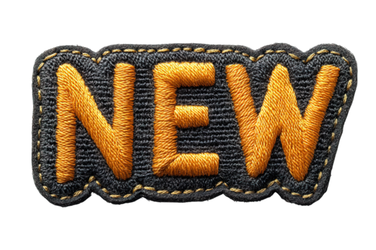 Embroidered patch with NEW text in yellow on black background, isolated on transparent background, generative ai
